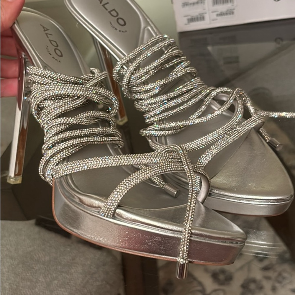 Aldo Metallic Silver Strappy Heels crystal laces
